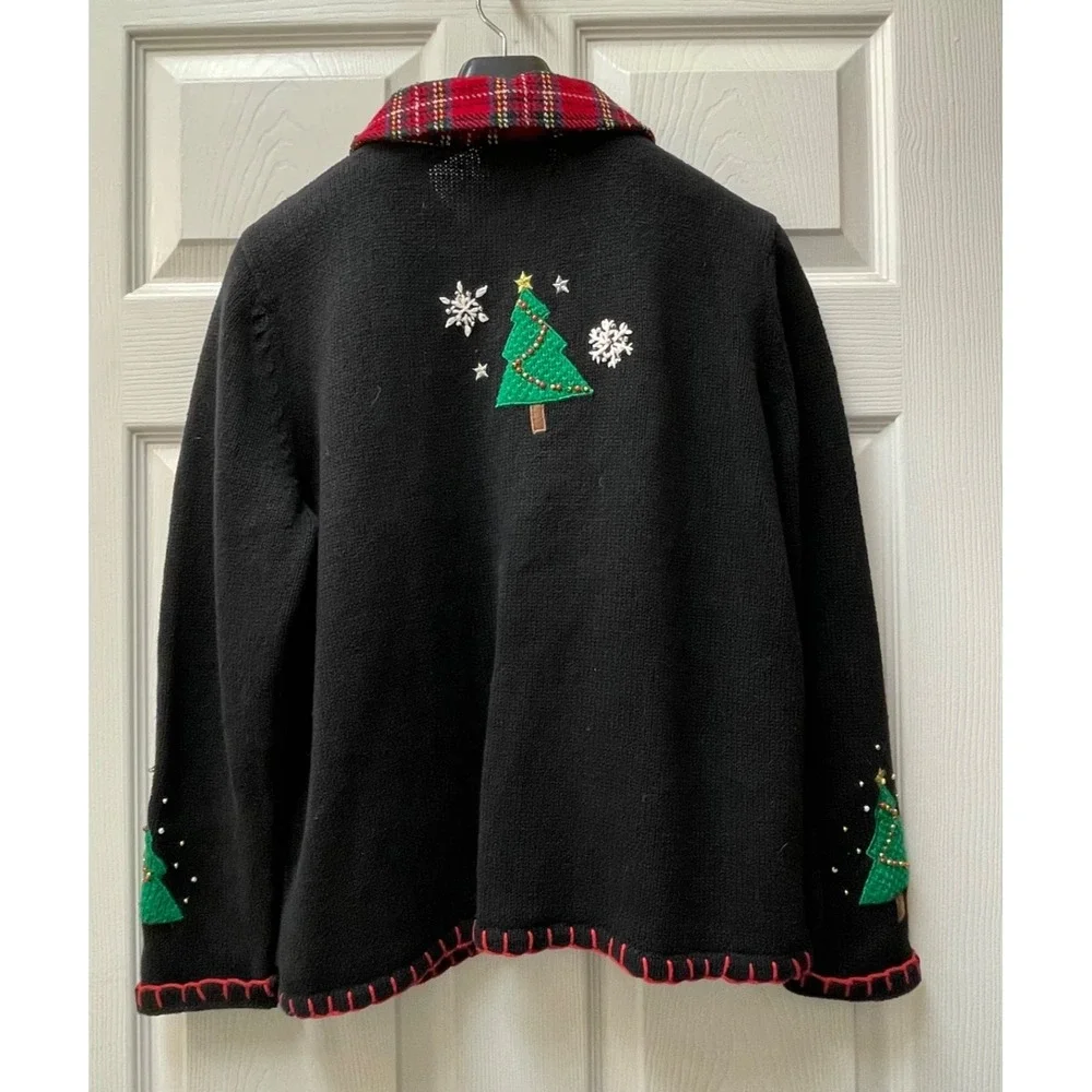 Vintage Ambria Women's Petite Med Cardigan Black Christmas Ugly‎ Sweater Beaded